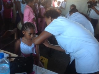 Student receives HPV vaccination at a public primary school in Toamasina I district, Madagascar