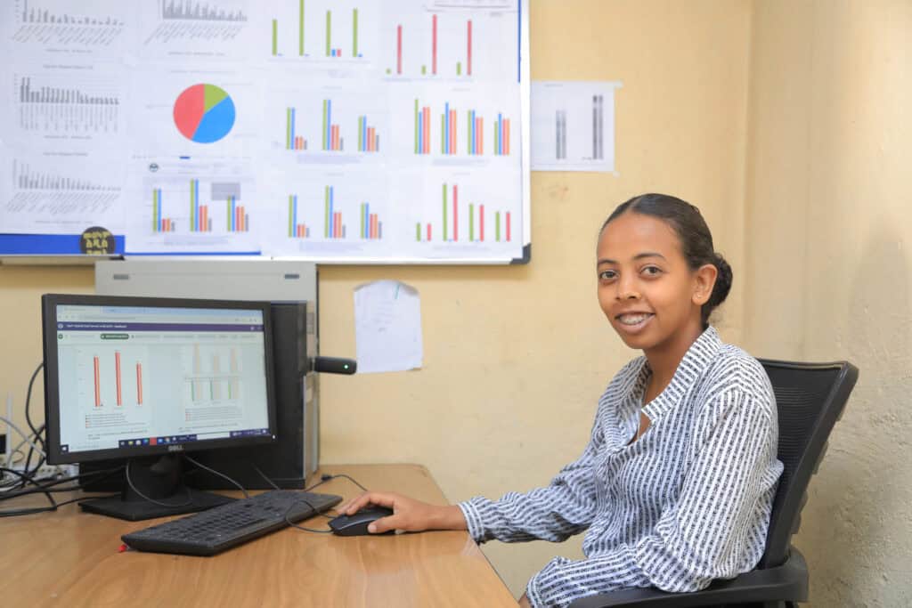 A health informatics worker at the Lideta Health Center. AGAR aims to increase the participation and skills of more Ethiopian women in the digital health and health information system field.