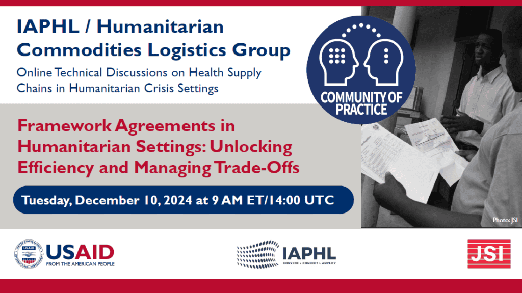 A graphic for an upcoming webinar on humanitarian commodities logistics