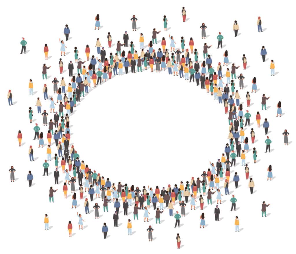 Large group of people standing together forming oval frame view from high angle view vector illustration. Man and woman crowd gathering in geometric shape of round border